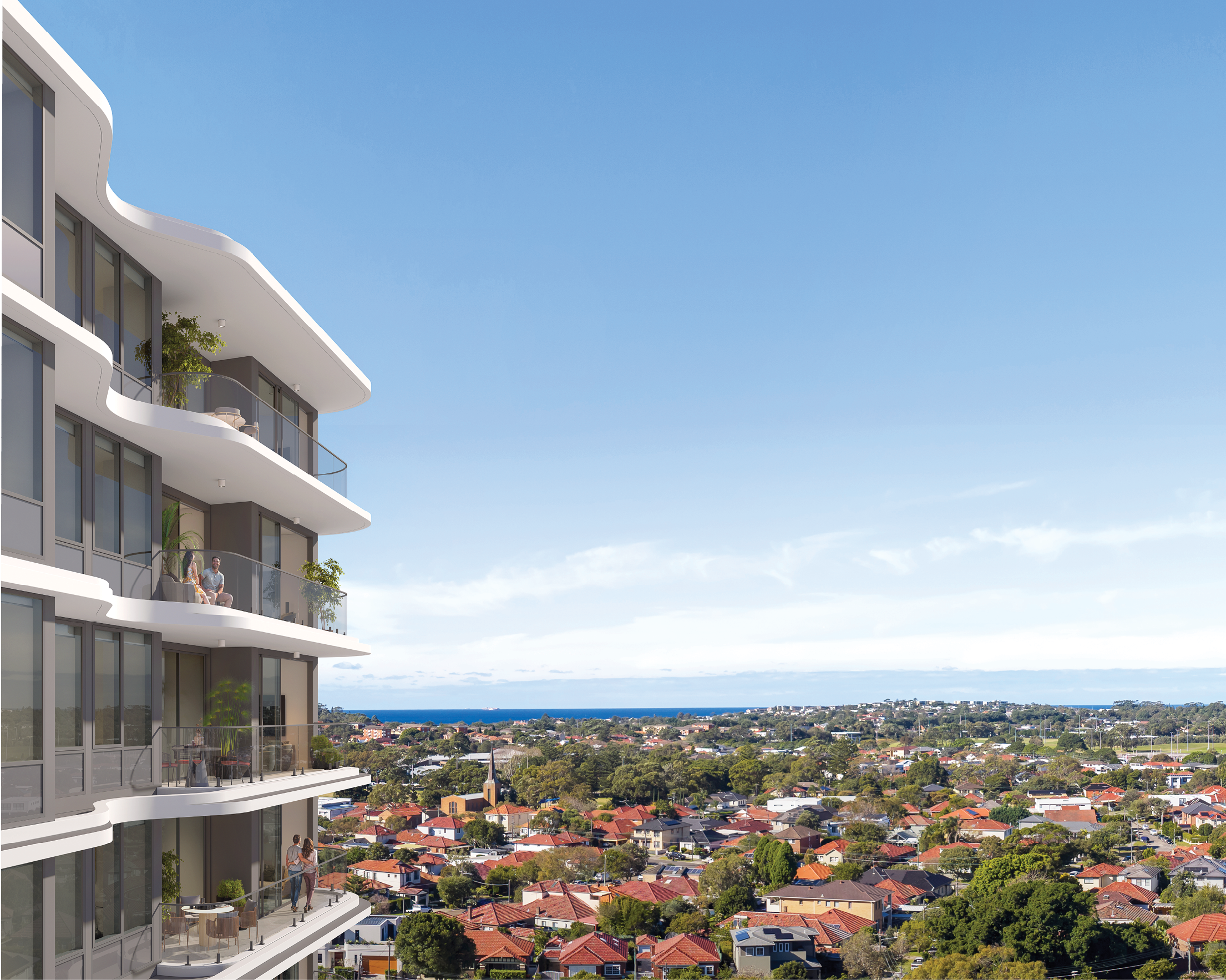 A large building with a white balcony overlooking a city. Description generated by AI