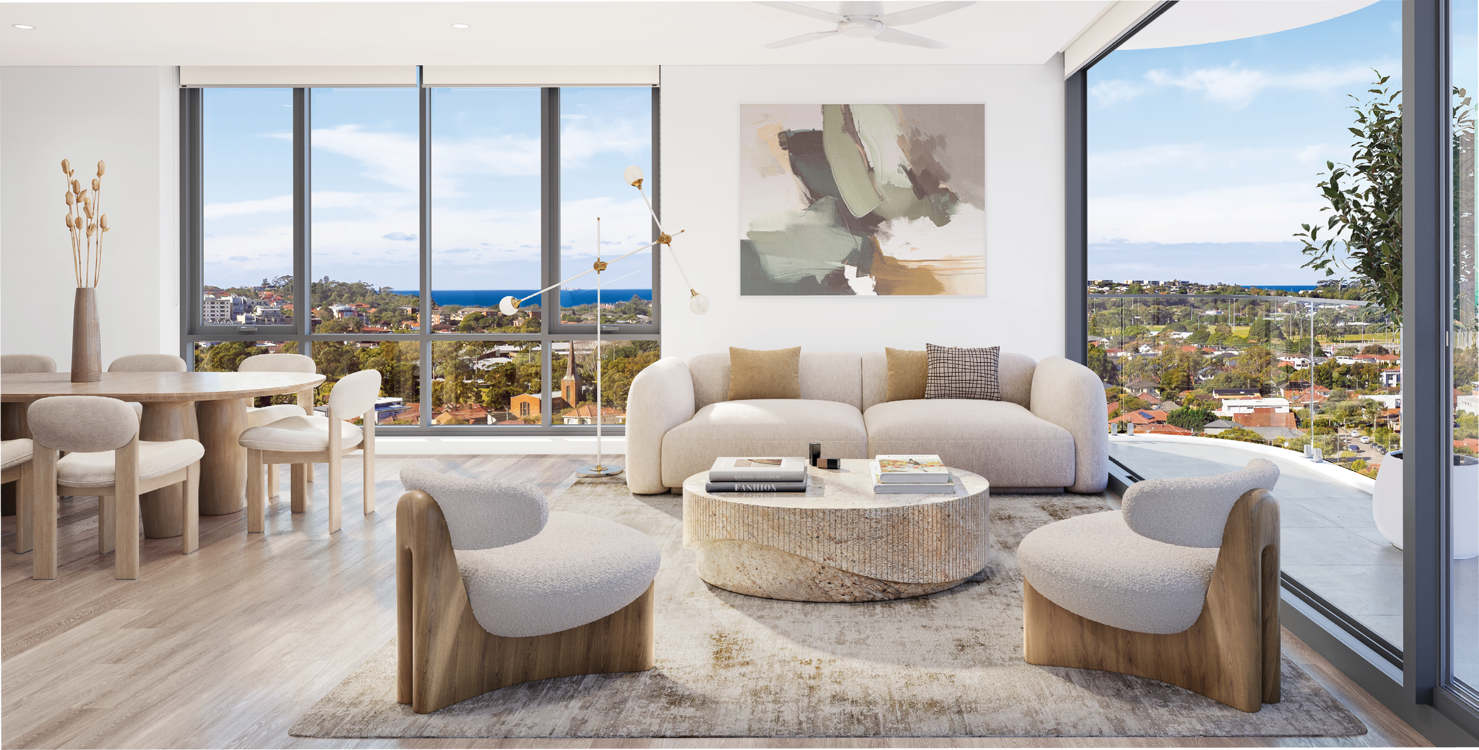 A living room with a couch, chair, and ottoman. Description generated by AI