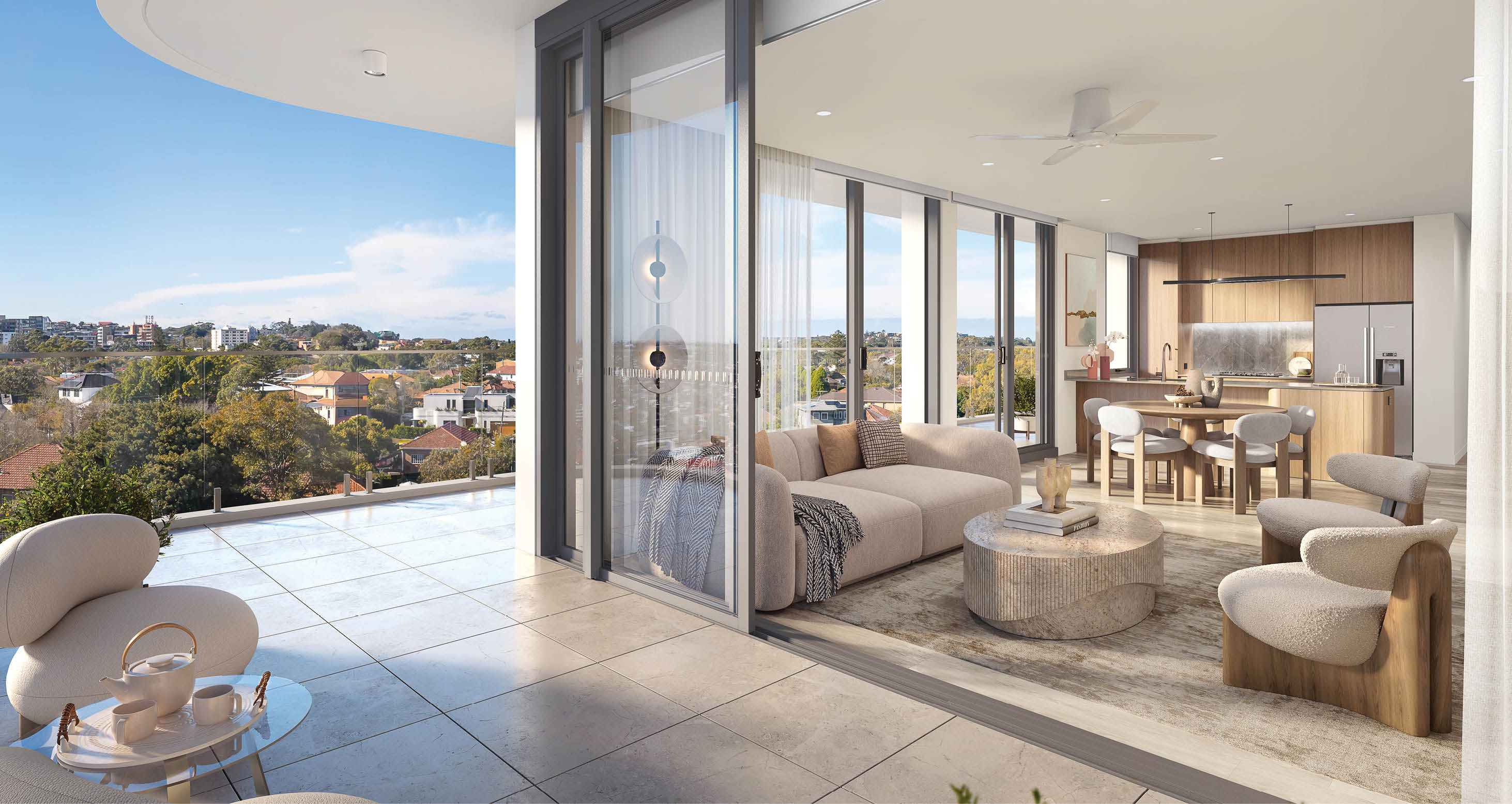 A modern open-plan living and dining area with large glass doors opening to a spacious balcony overlooking a scenic suburban landscape. Description generated by AI