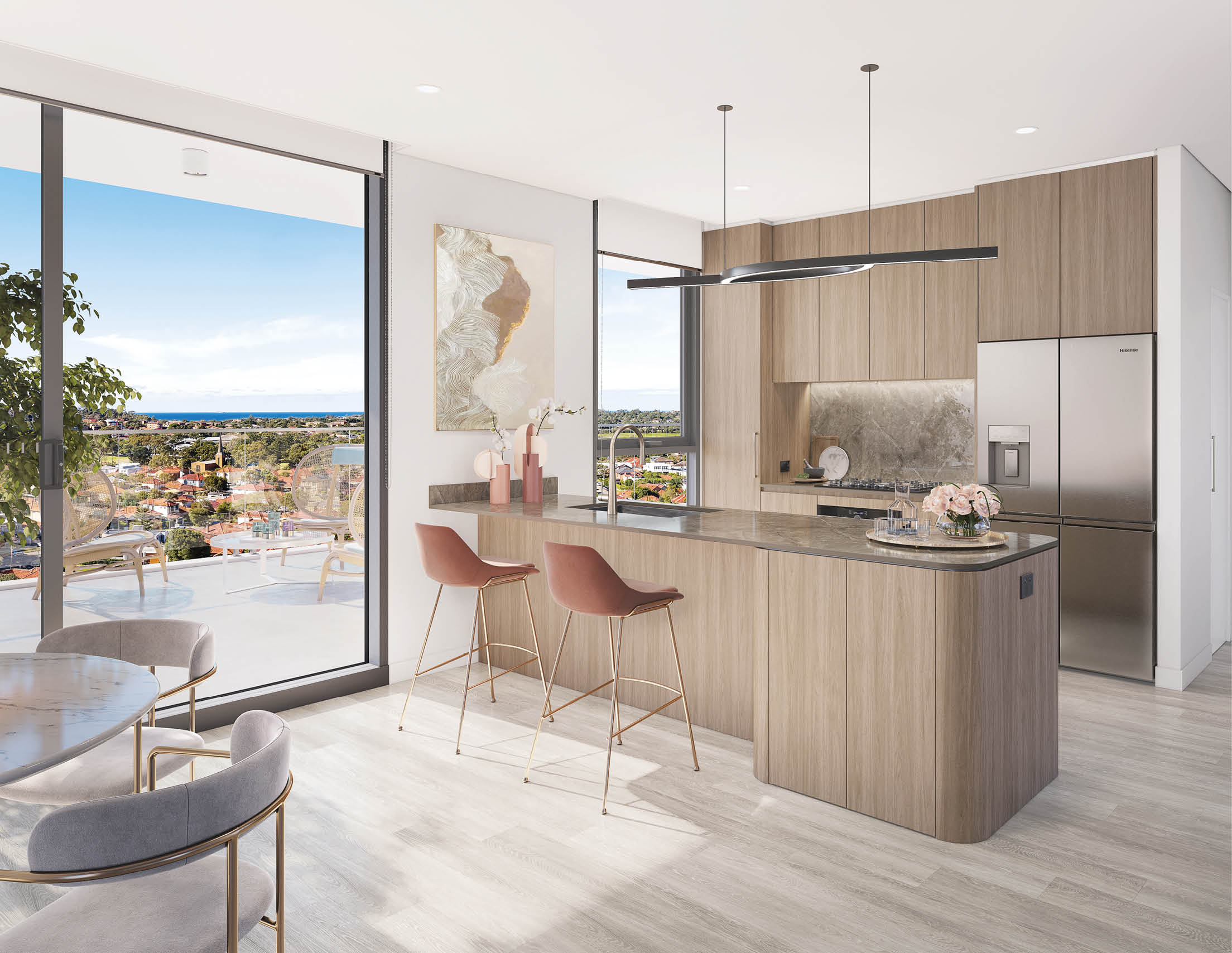 A kitchen with a counter and a sink. Description generated by AI
