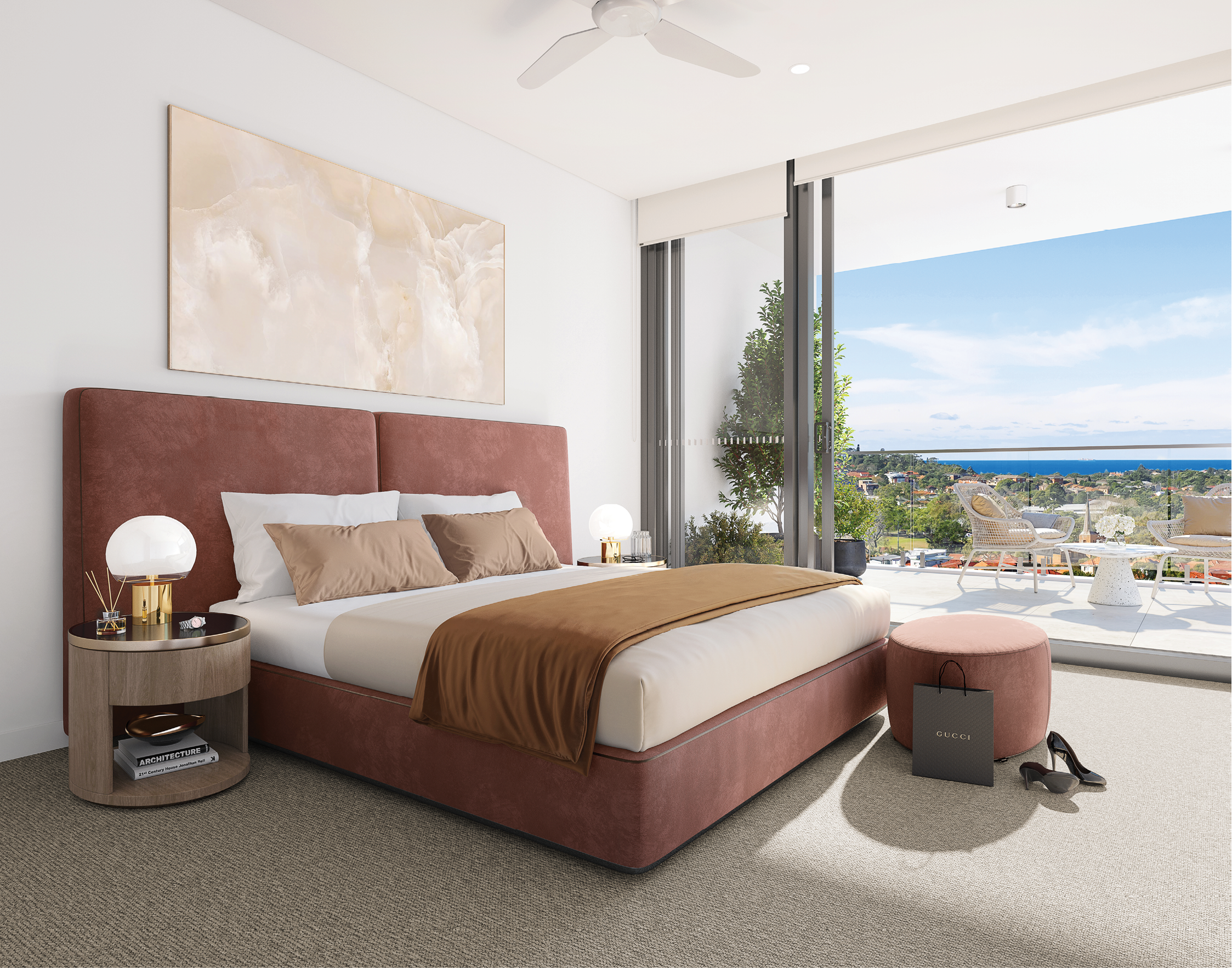 A bedroom with a large bed and a window. Description generated by AI