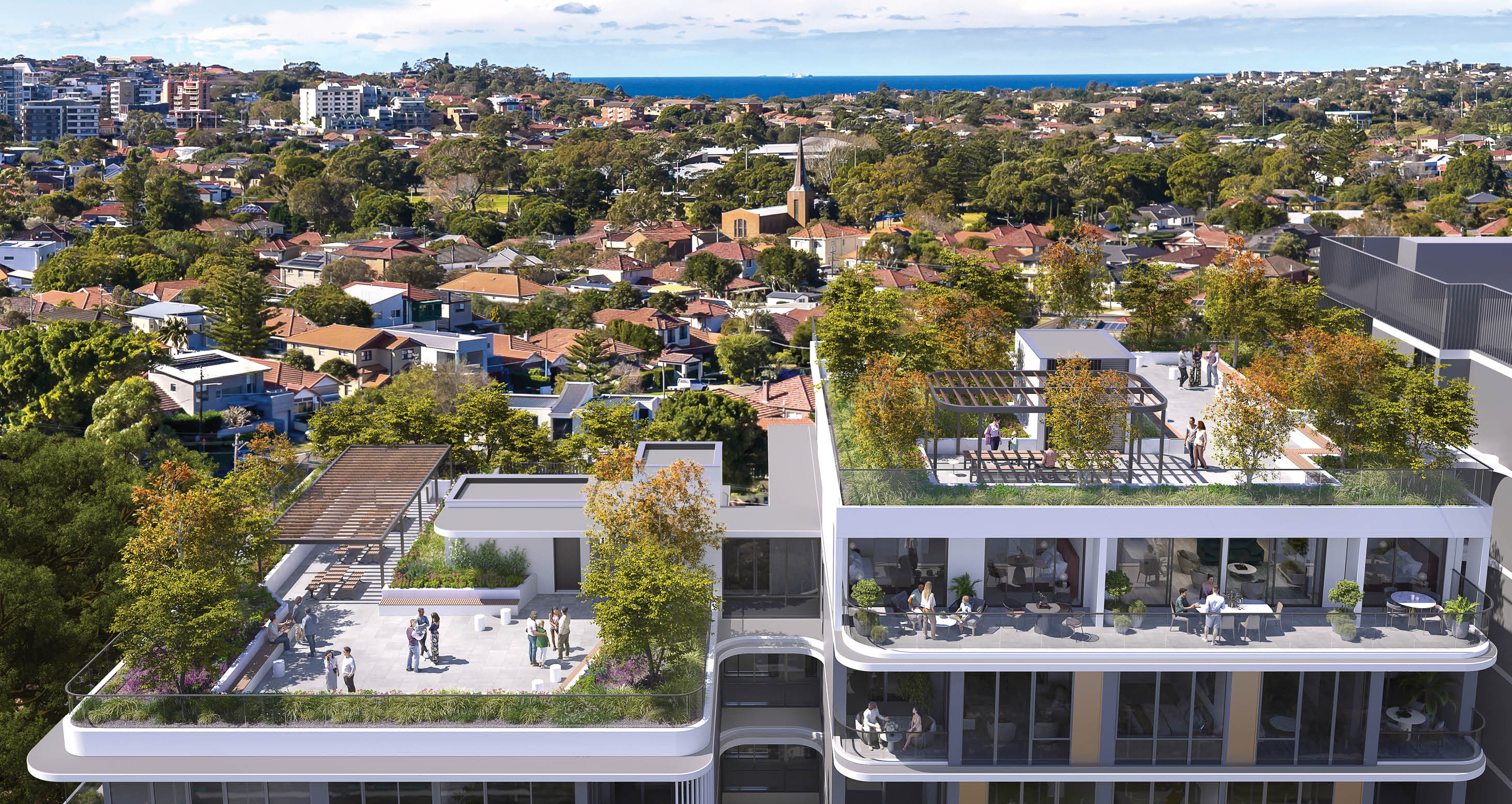 A city view with a building with a rooftop deck. Description generated by AI