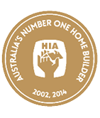 A gold circular badge with the text “Australia's Number One Home Builder" around a hand holding a house icon labeled "HIA" and the years 2002 and 2014 at the bottom. Description generated by AI