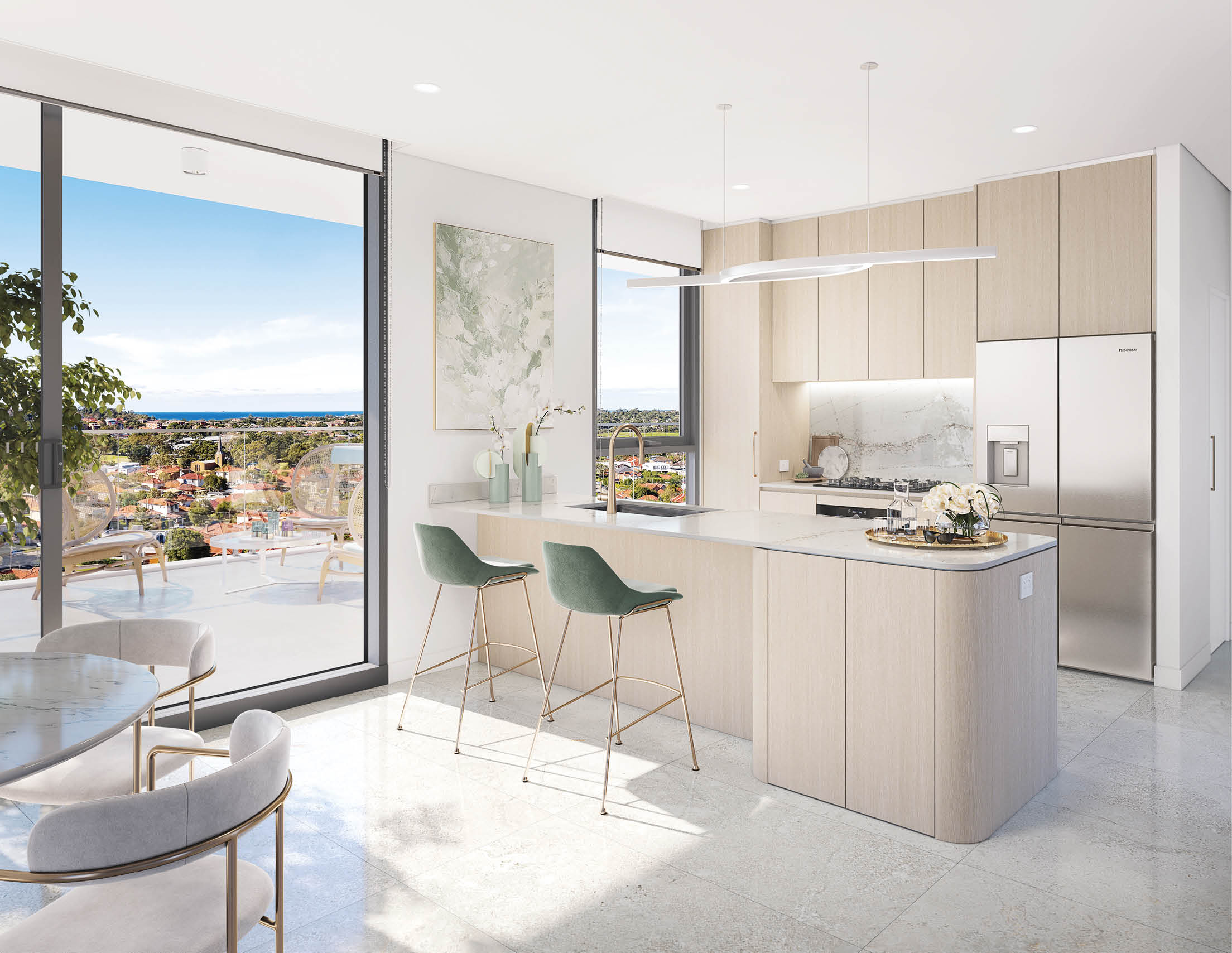 A kitchen with a counter and a sink. Description generated by AI
