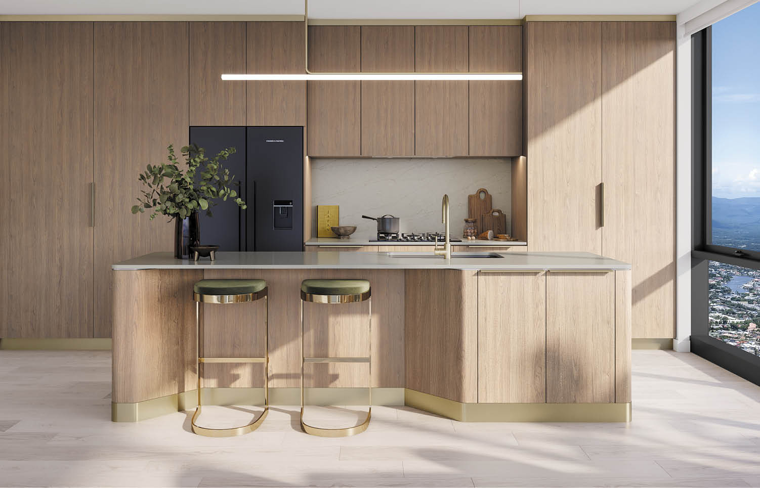 A modern kitchen features light wood cabinetry, a black refrigerator, a marble island with two gold and green stools, a vase with greenery, and large windows letting in natural light. Description generated by AI
