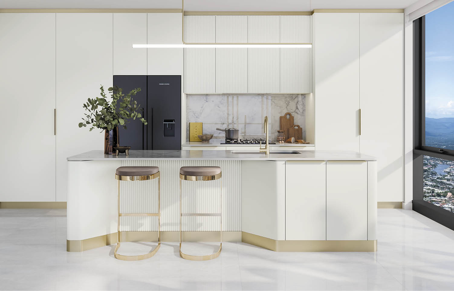 A modern white kitchen features a marble countertop island with two gold and clear acrylic stools, a black refrigerator, a gold faucet, and a large window with a city view. Description generated by AI
