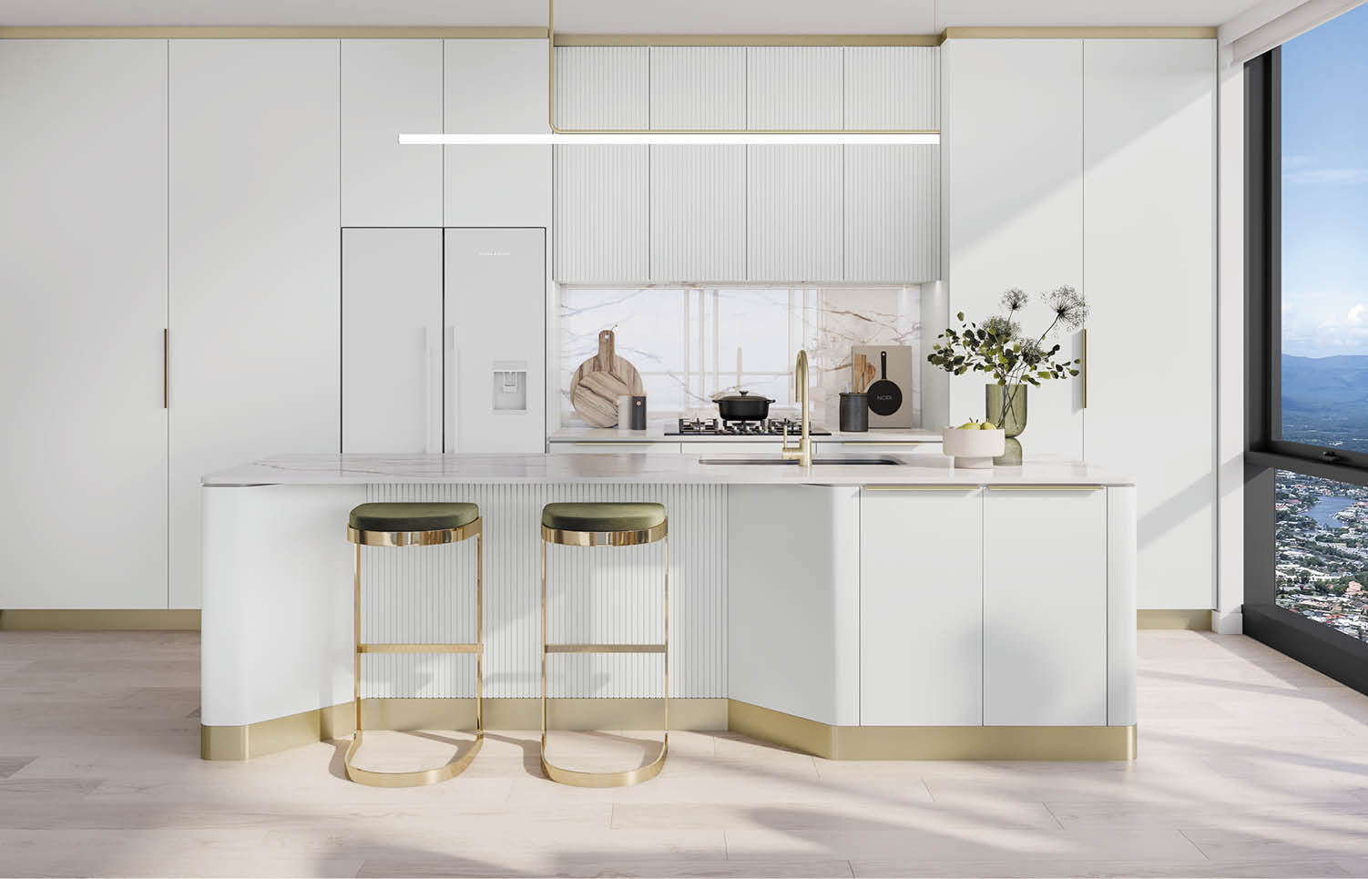 A modern white kitchen features a large island with two gold and green bar stools, a marble countertop, built-in refrigerator, and floor-to-ceiling windows offering a city view. Description generated by AI