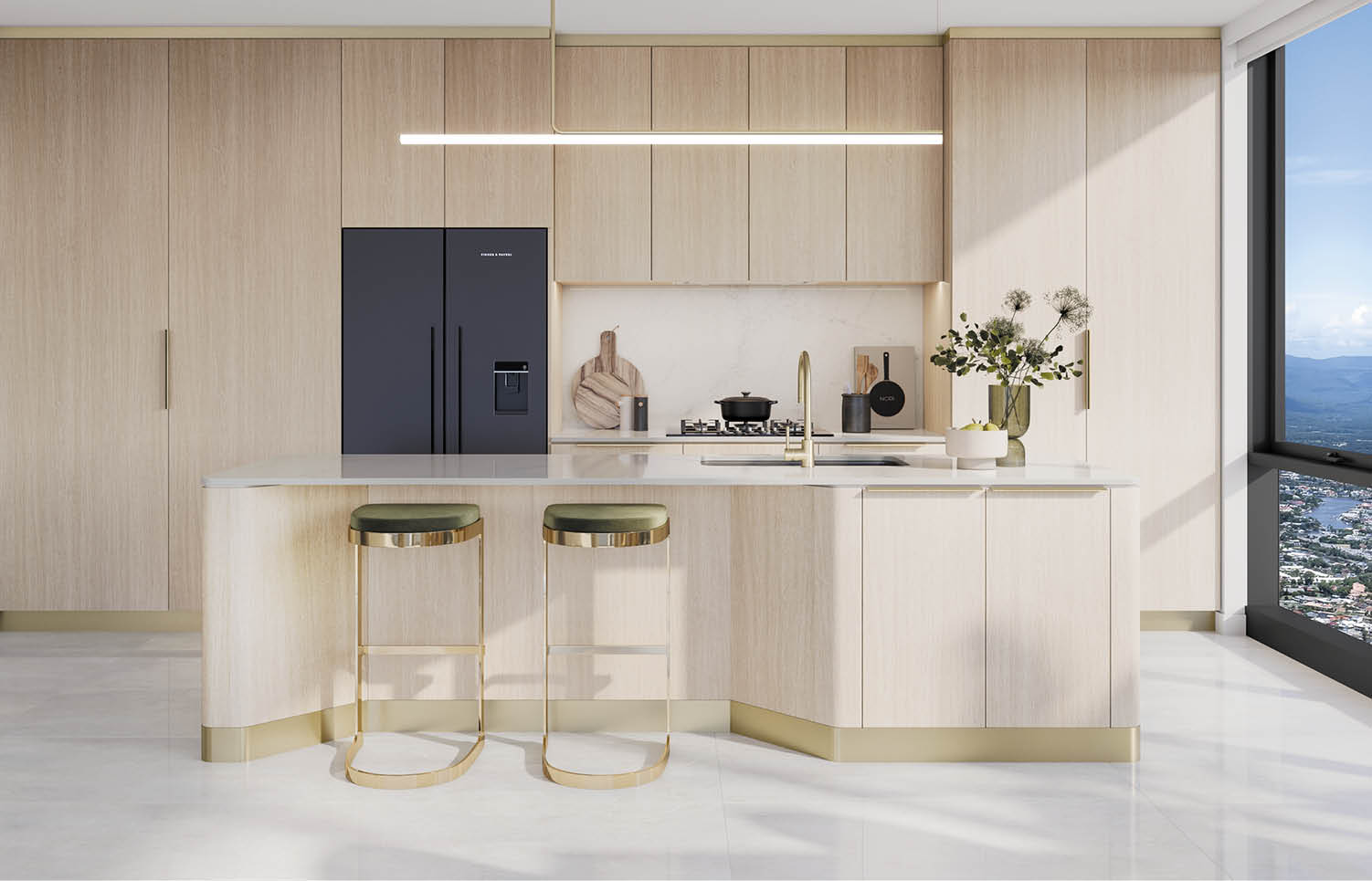 A modern kitchen features light wood cabinetry, a large island with two gold and green stools, a black refrigerator, a gas stove, and a large window with a city view. Description generated by AI