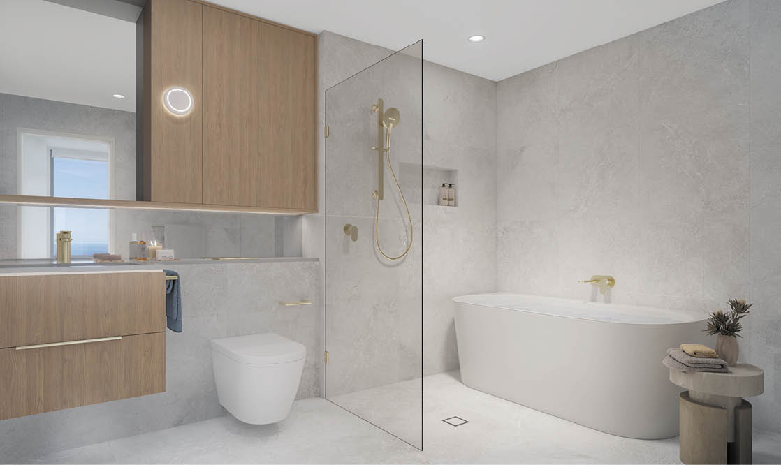 A modern bathroom features a freestanding bathtub, a glass-enclosed shower with gold fixtures, a wall-mounted toilet, and wooden cabinetry with a large mirror. Description generated by AI