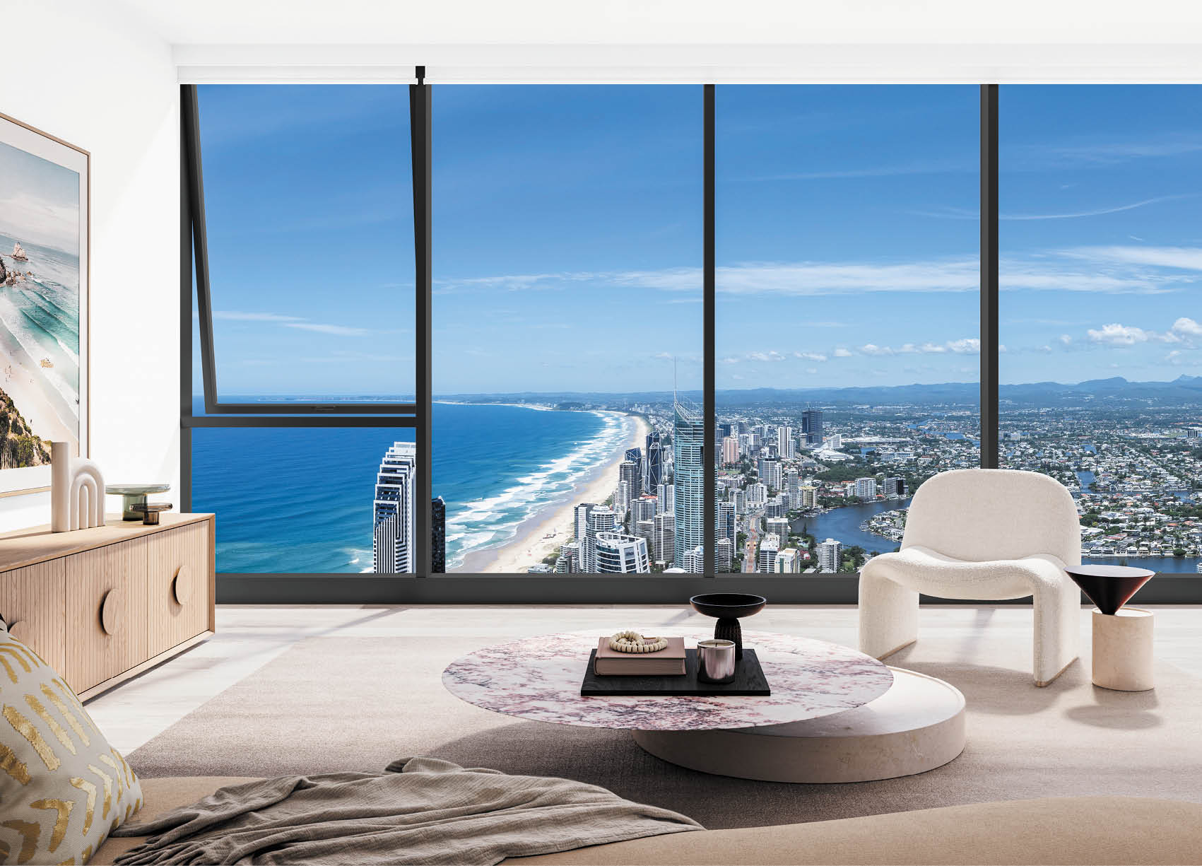 A modern living room with minimalist furniture overlooks a coastal cityscape through large floor-to-ceiling windows. Description generated by AI
