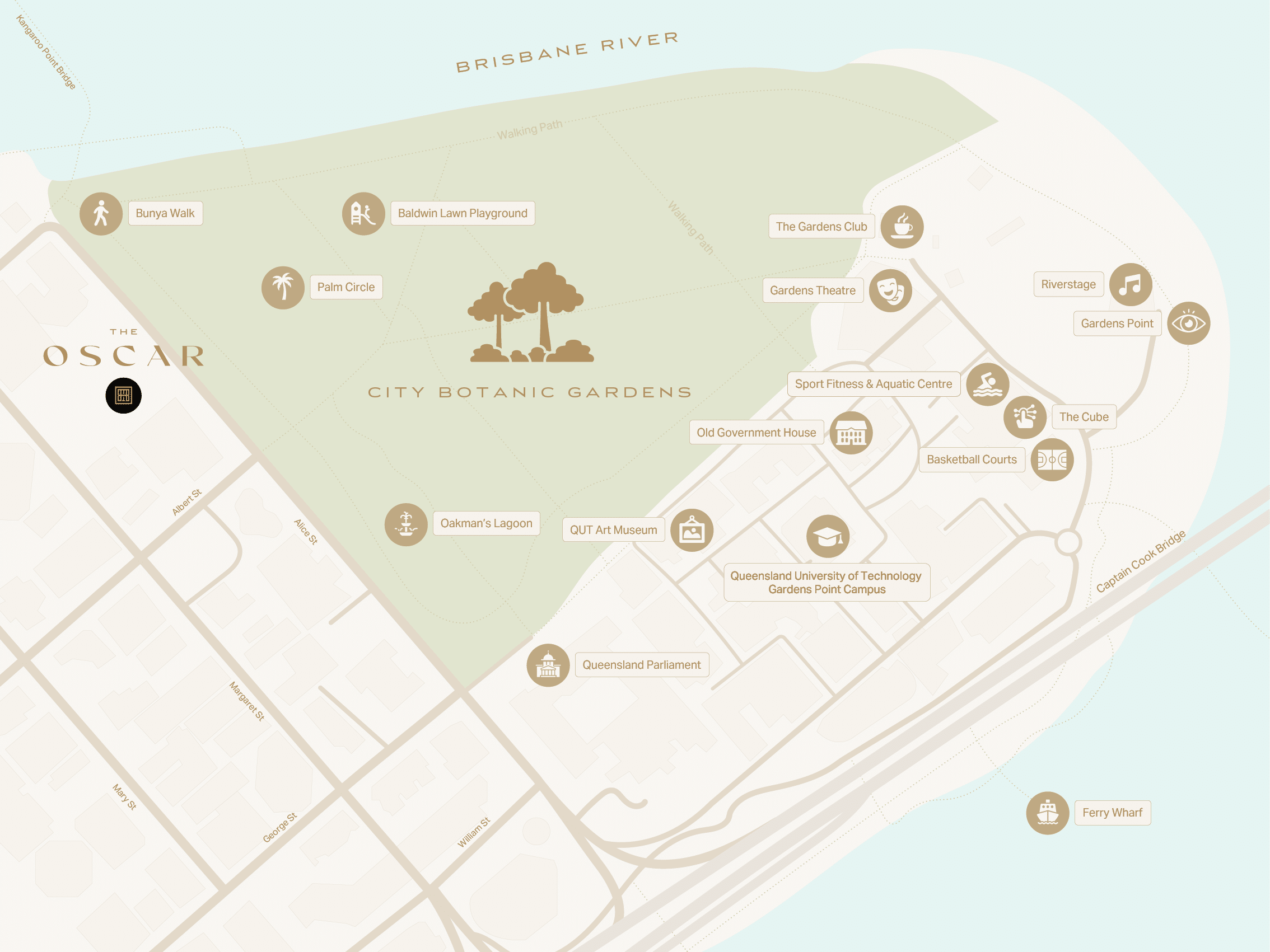 A map of the city of Brisbane with various points of interest labeled. AI generated content