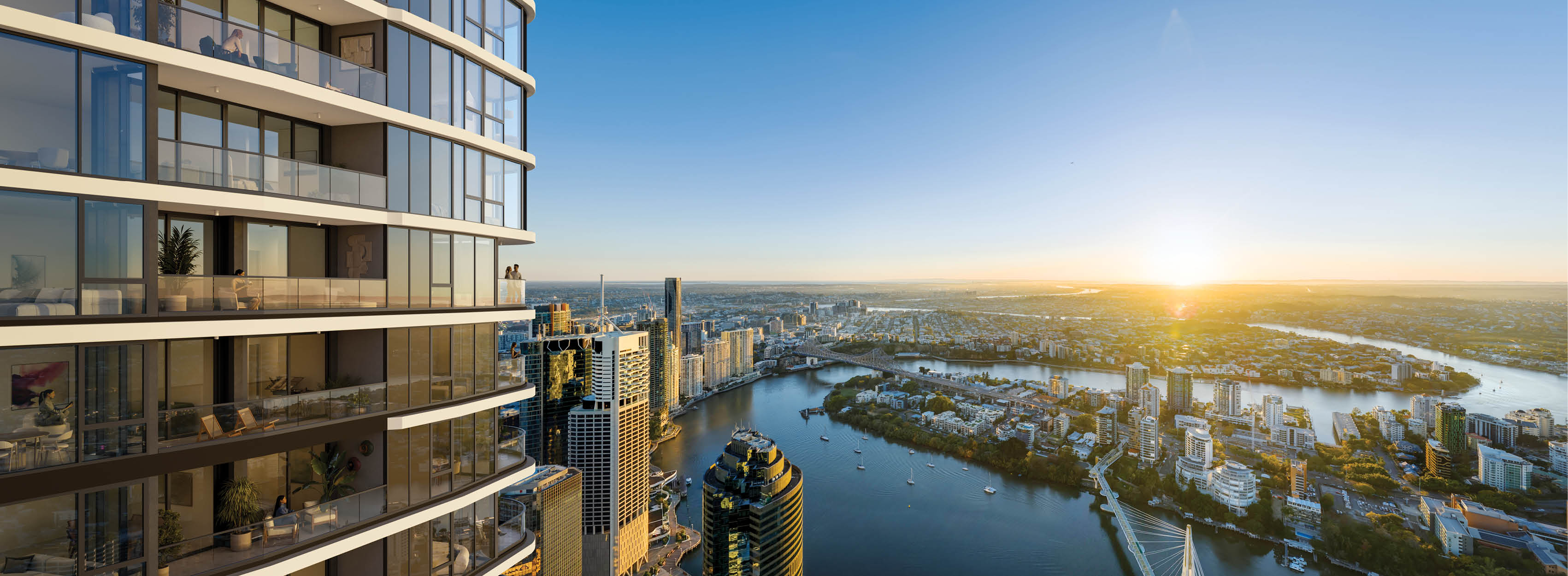 A modern glass building overlooks a river winding through a cityscape at sunset with the sun low on the horizon. Description generated by AI