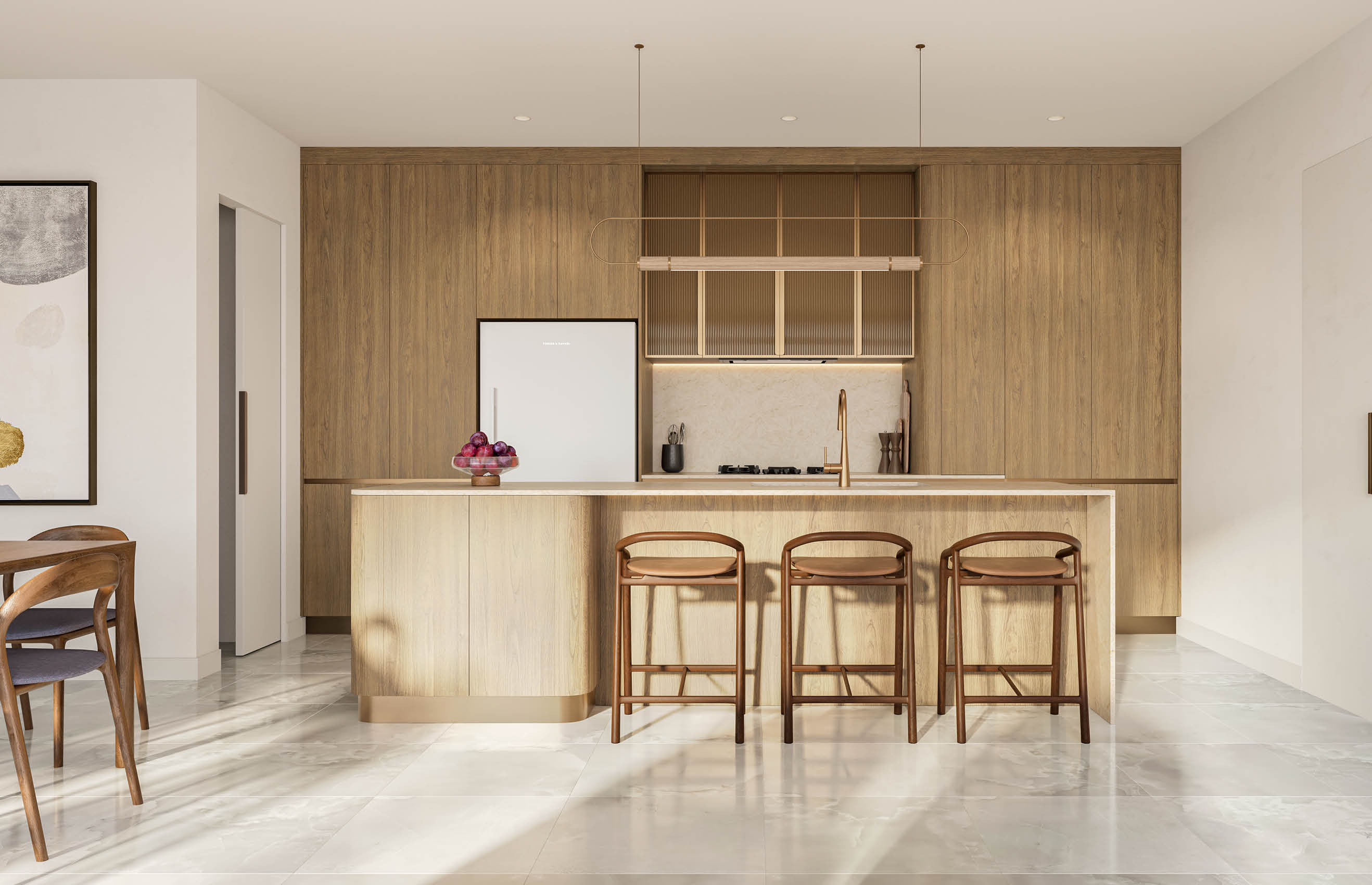 A kitchen with wooden cabinets and a center island. AI generated content