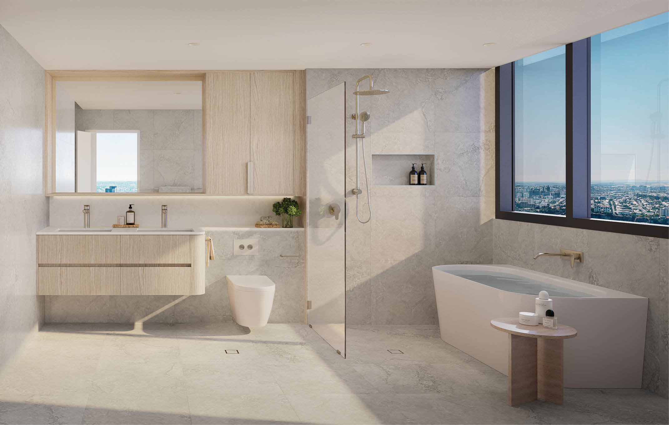 A bathroom with a large window, a bathtub, a sink, and a toilet. AI generated content