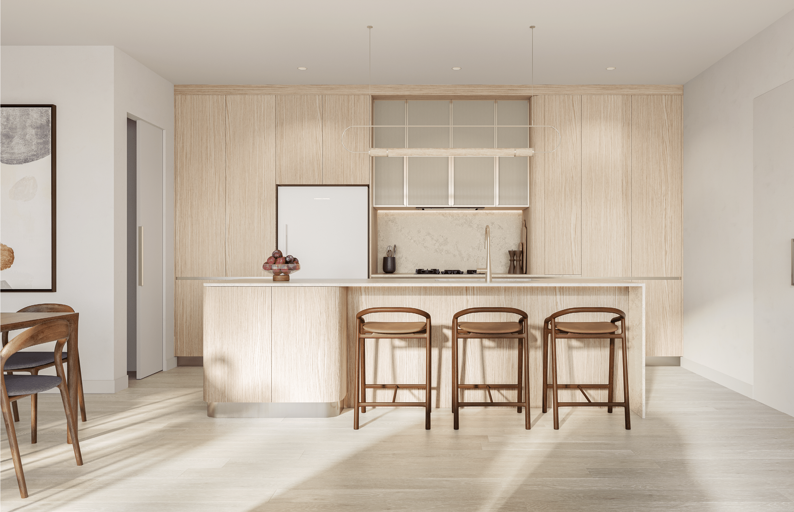 A kitchen with wooden cabinets and a center island. AI generated content