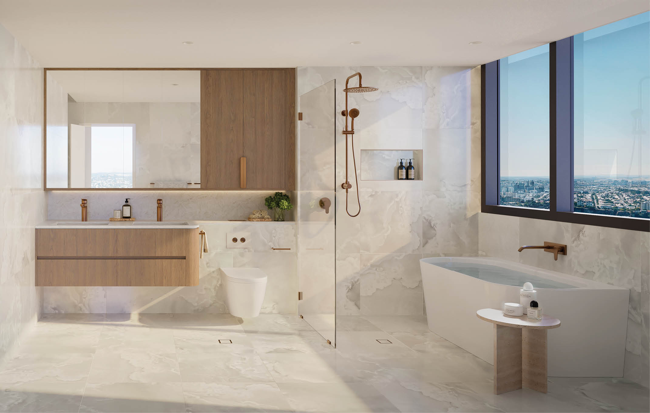 A bathroom with a large window, a bathtub, a sink, and a toilet. AI generated content