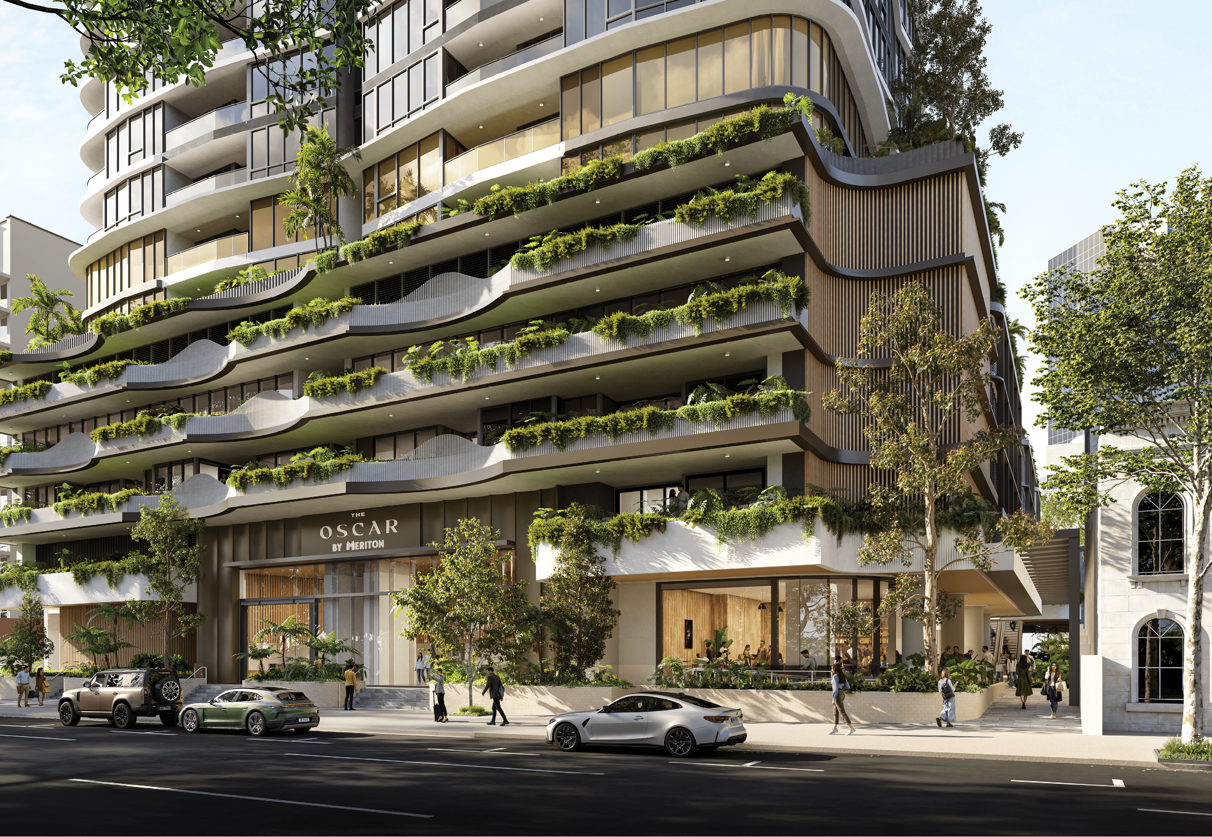 A modern multi-story building with curved balconies adorned with greenery overlooks a street where several cars and people are visible. Description generated by AI