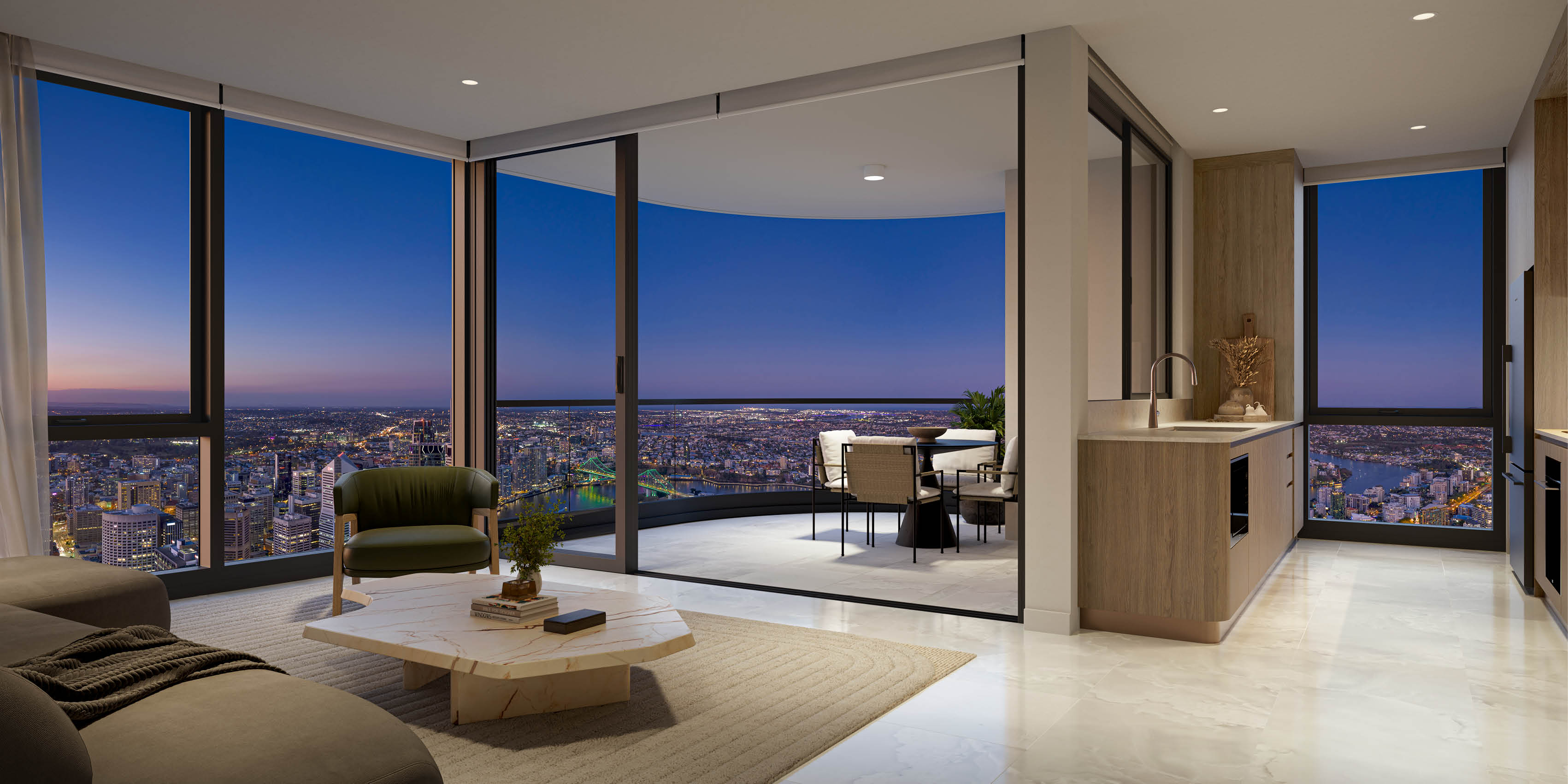 A large living room with a couch, chair, and coffee table. A large window with a glass door and a balcony. A potted plant on a table. A city view outside the window. AI generated content