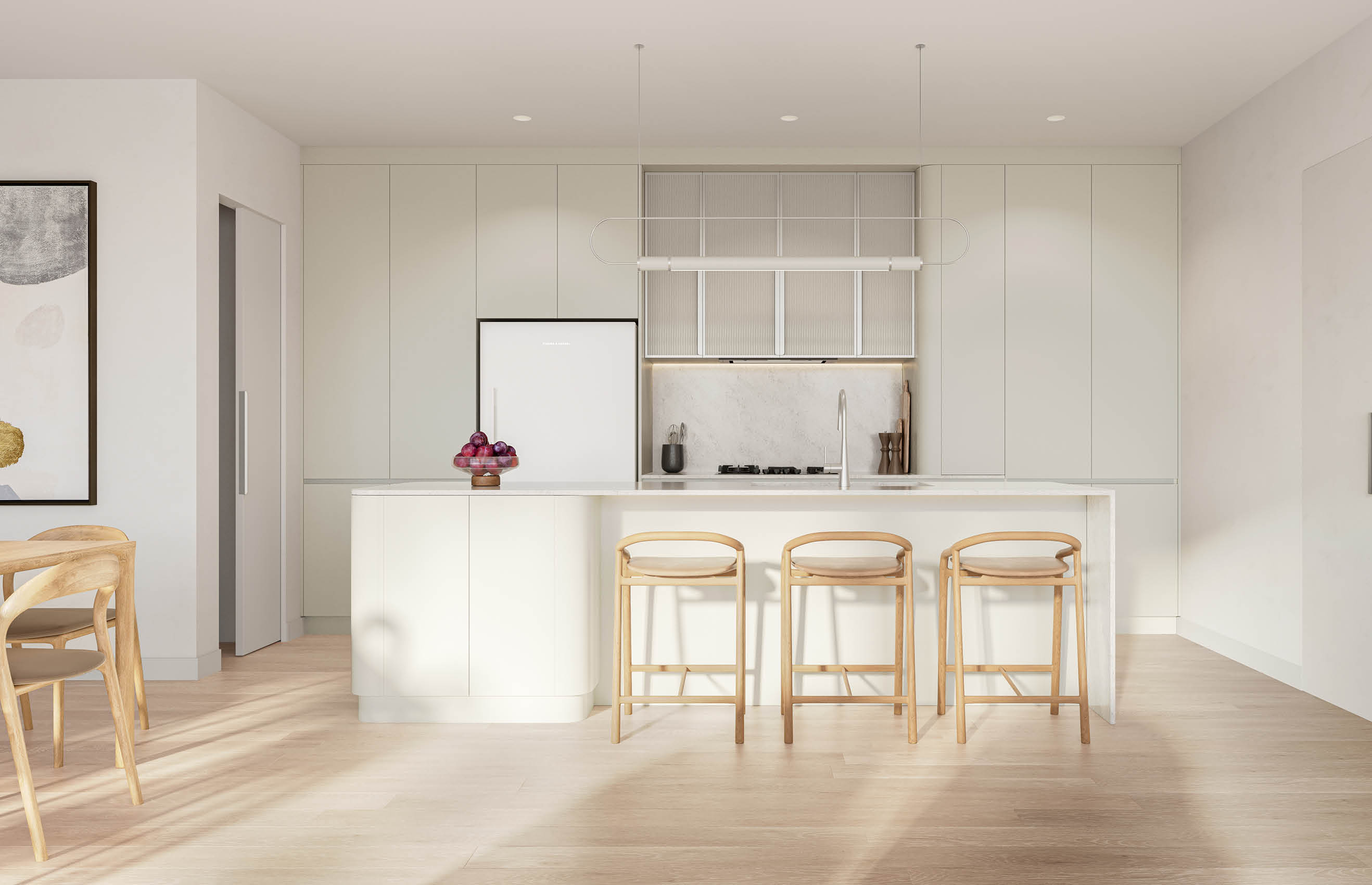 A kitchen with wooden cabinets and a center island. AI generated content