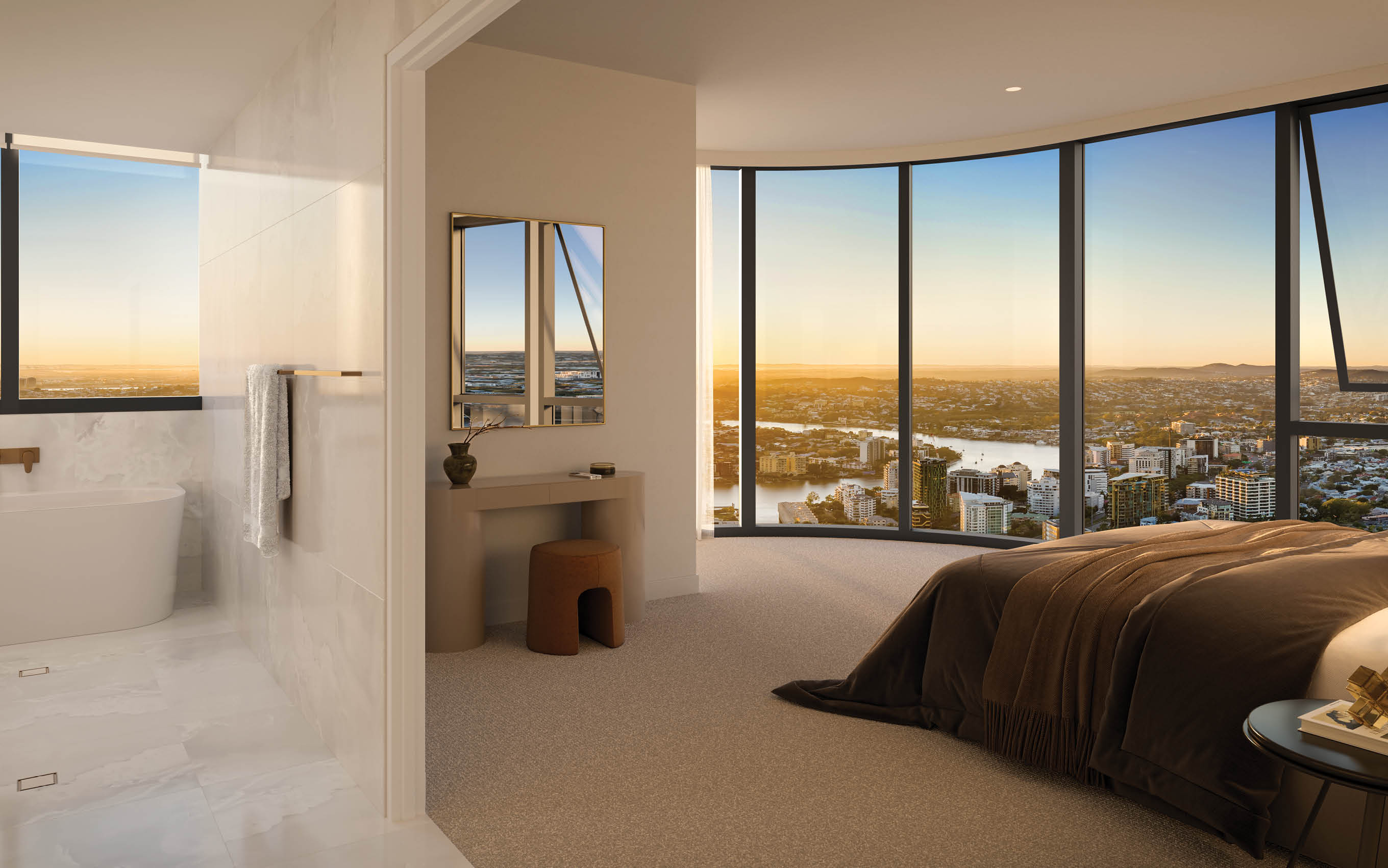 A bedroom with a large window and a view of the city. The bed is made with a gray comforter and a pillow. A chair is located in the room. AI generated content