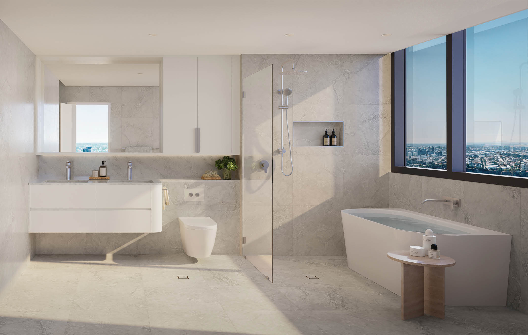 A bathroom with a large window, a bathtub, a sink, and a toilet. AI generated content