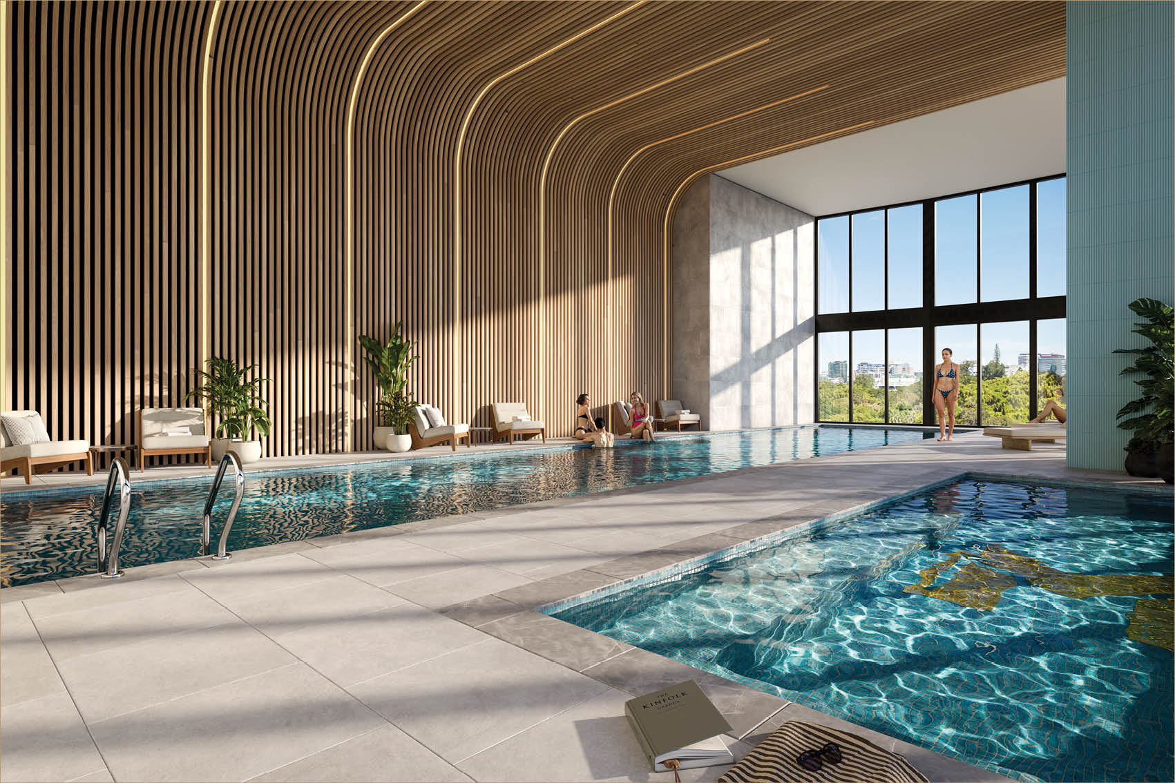 A modern indoor pool area features two pools with clear water, lounge chairs along a wooden slatted wall, large windows letting in natural light, and people relaxing and walking nearby. Description generated by AI