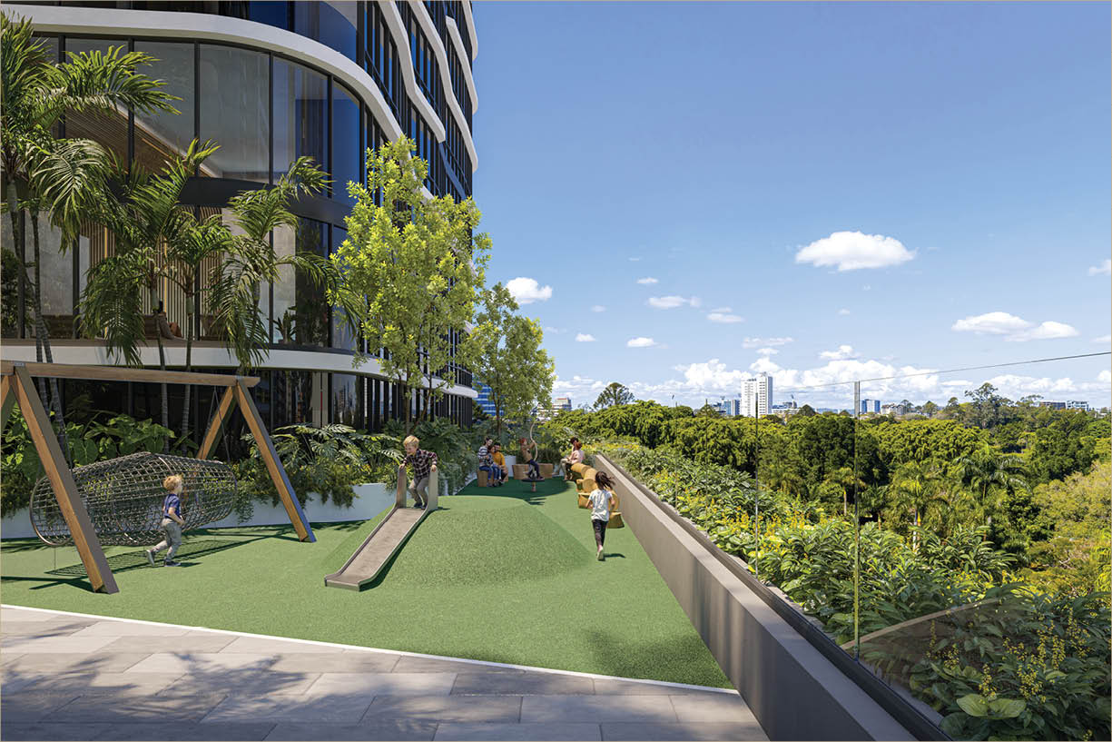 A yellow brick walkway leads to a building with a large balcony. AI generated content