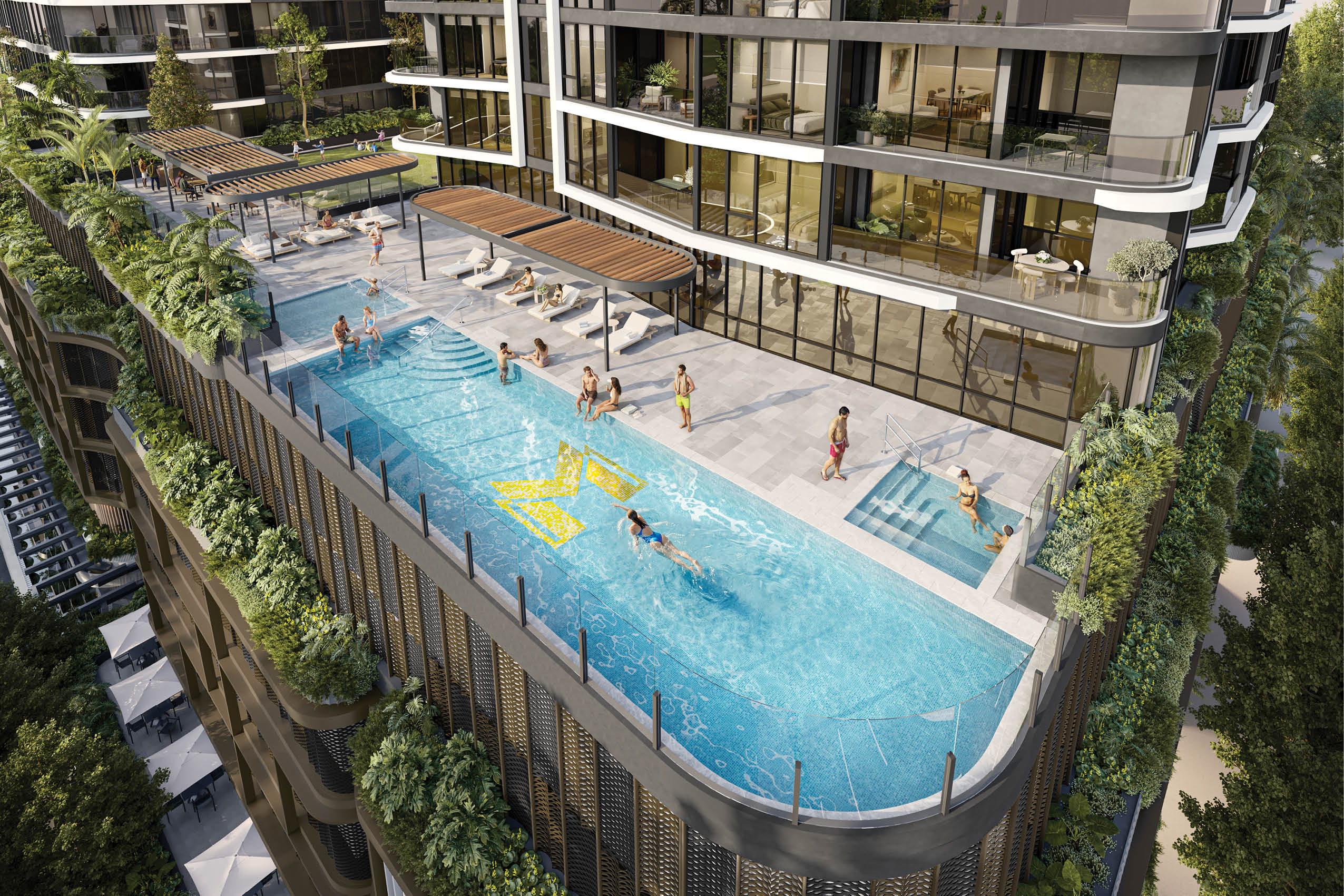 A large swimming pool is located on the rooftop of a building. AI generated content