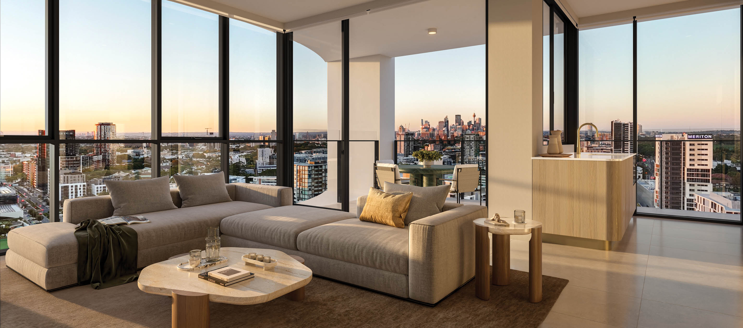 A living room with a couch, coffee table, and chairs. A large window provides a view of the city. AI generated content