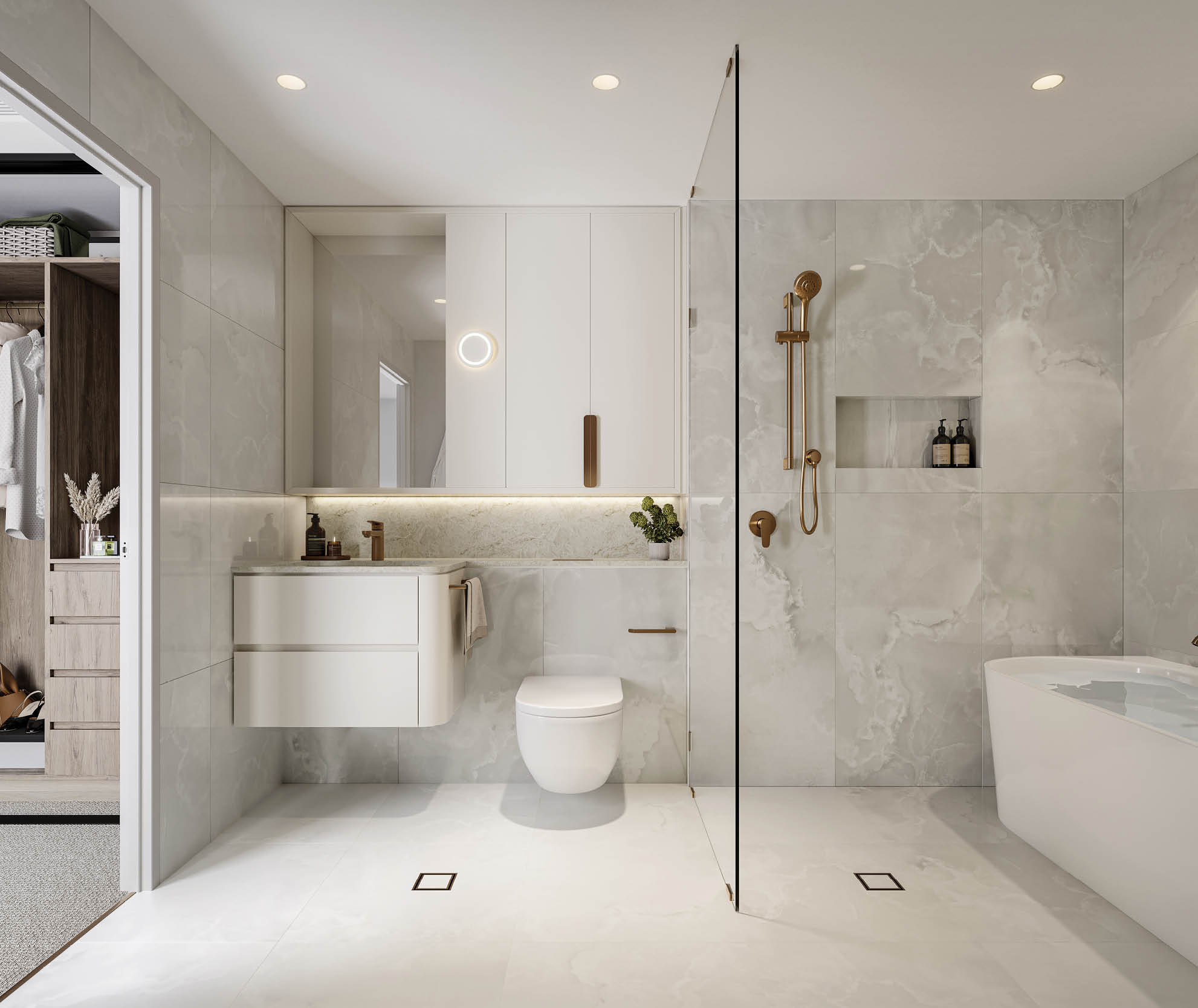 A bathroom with a toilet, sink, and shower. Description generated by AI