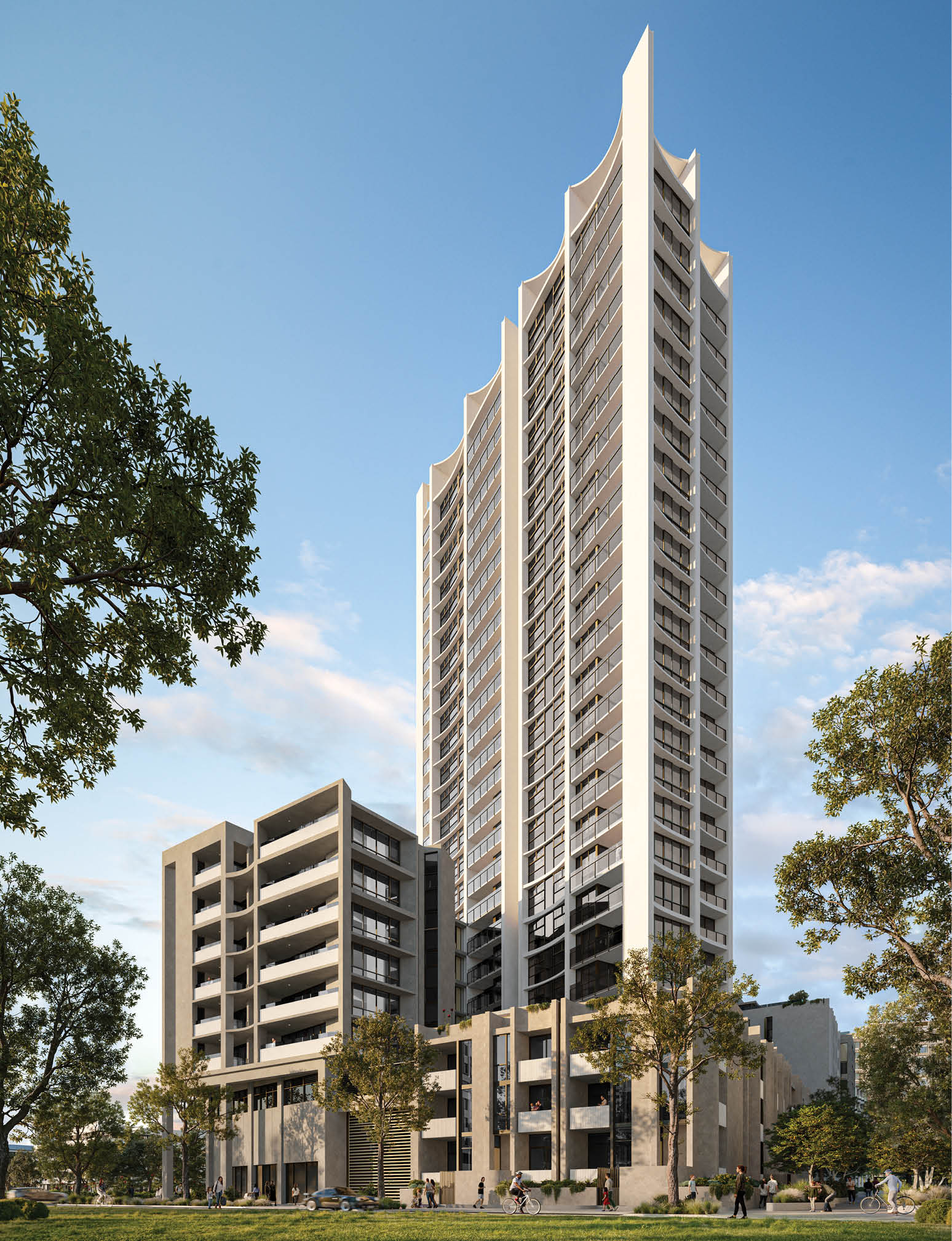 A tall building with a pointed roof and a blue sky in the background. Description generated by AI