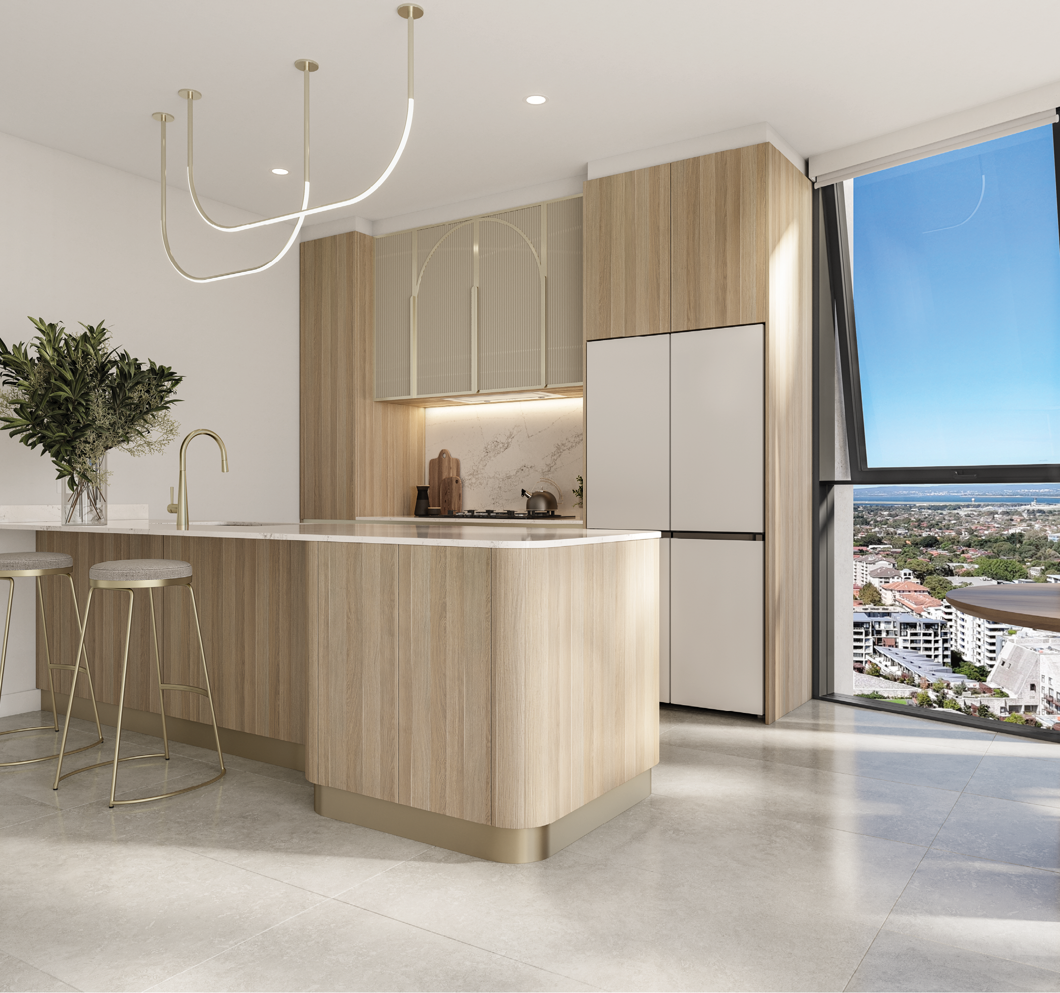 A modern kitchen features light wood cabinetry, a marble countertop island with two stools, a vase with greenery, and a large window offering a city view. Description generated by AI