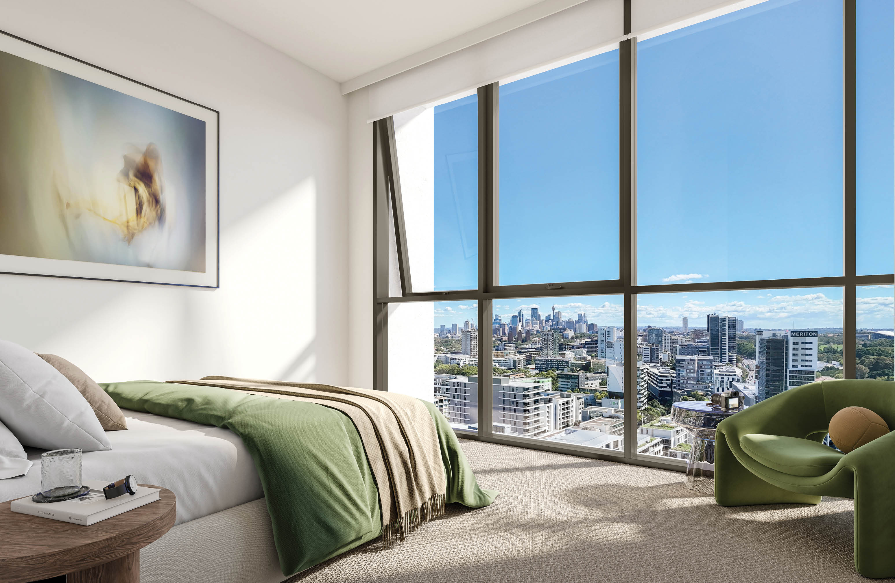 A modern bedroom with a large window offering a cityscape view, featuring a bed with green and beige bedding, a wooden side table, and a green armchair. Description generated by AI