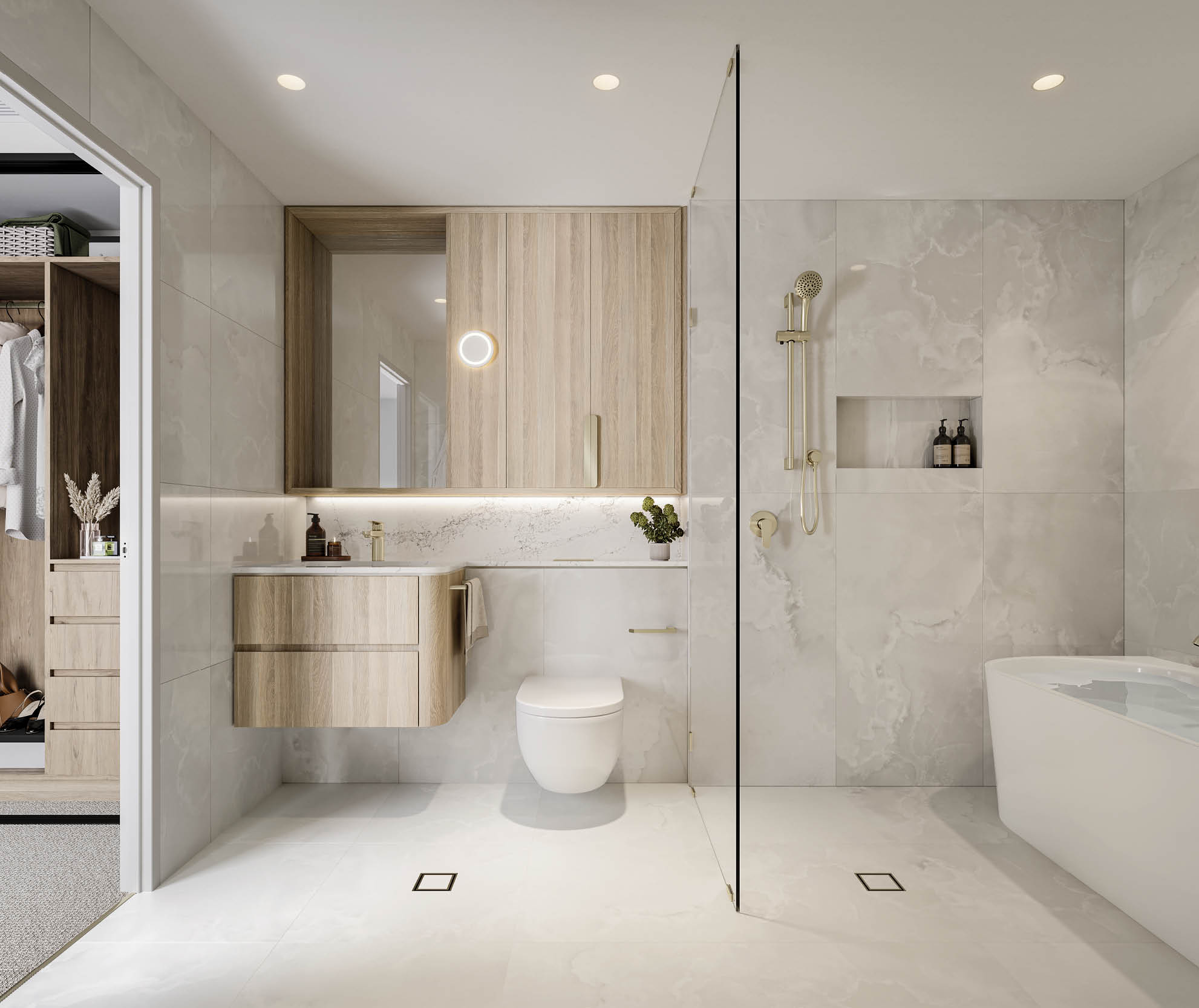 A bathroom with a toilet, sink, and shower. Description generated by AI