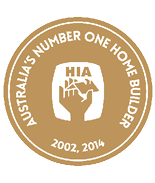 A gold circular badge with the text “Australia's Number One Home Builder" around a hand holding a house icon labeled "HIA" and the years 2002 and 2014 at the bottom. Description generated by AI