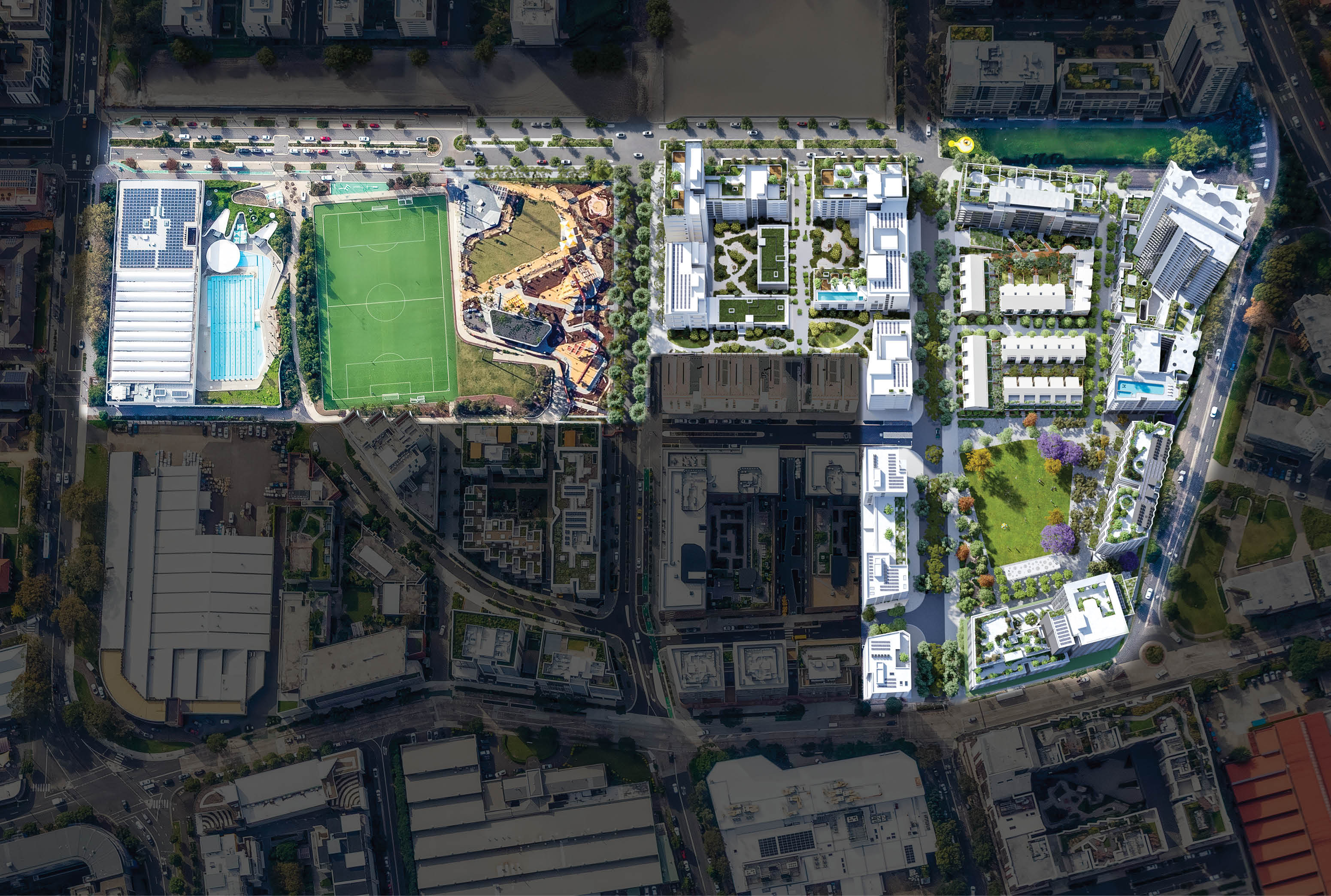 A city map with a large green field in the middle. Description generated by AI