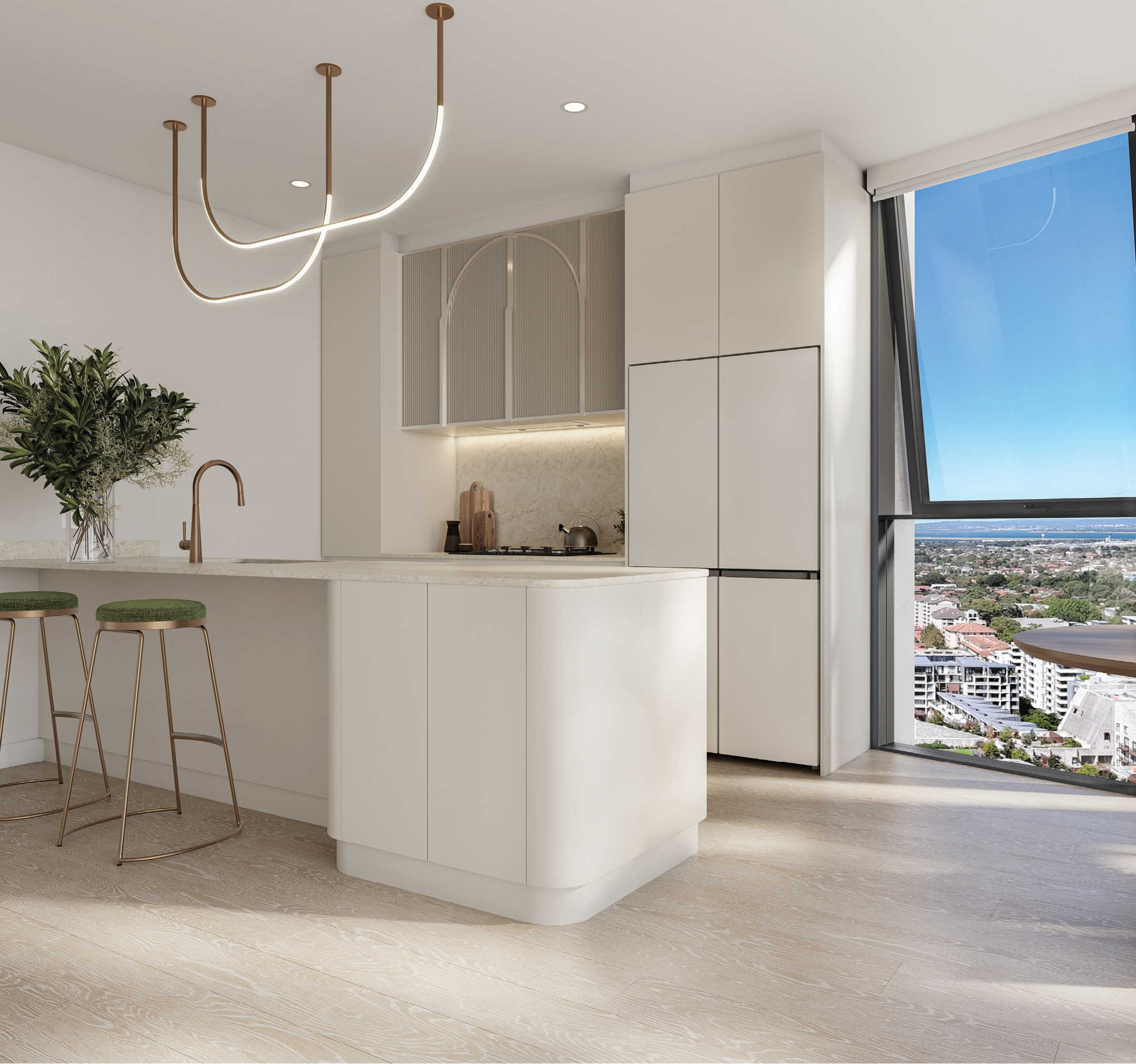 A modern kitchen with white cabinetry, a marble countertop island with two green cushioned stools, a vase of greenery, and a large window offering a cityscape view. Description generated by AI