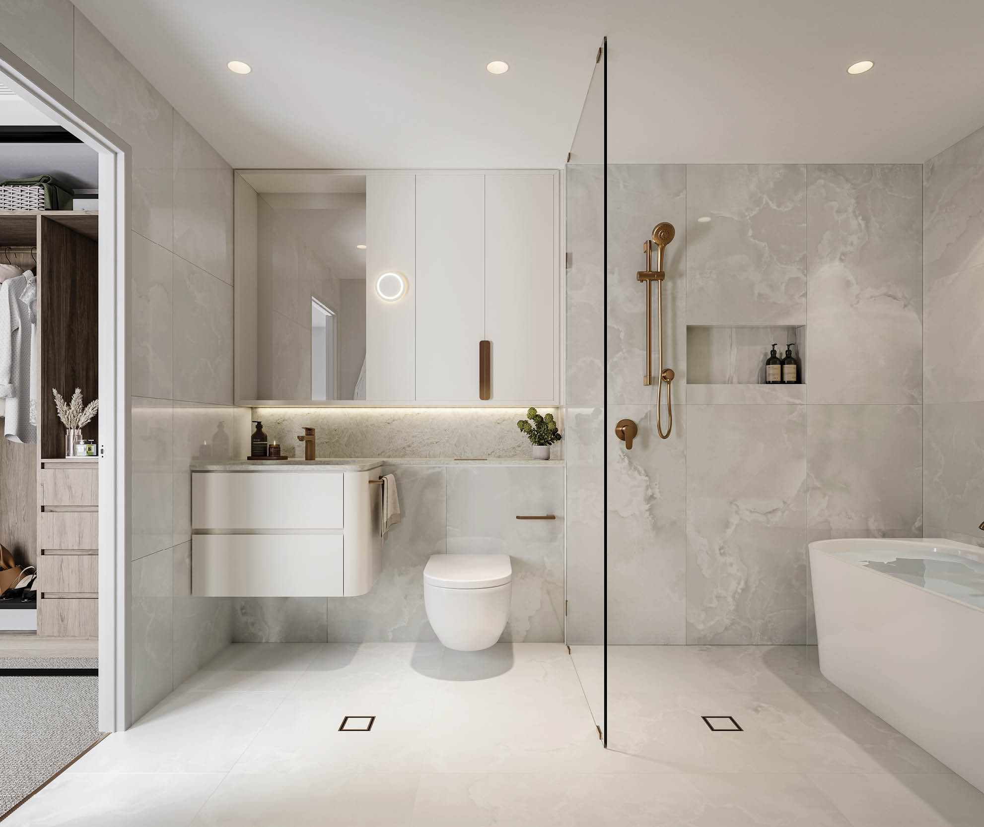 A bathroom with a toilet, sink, and shower. Description generated by AI